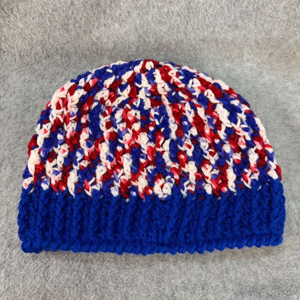 Red White Blue Mens Multicolor Handmade Beanie Crochet Knit Winter Hat OS